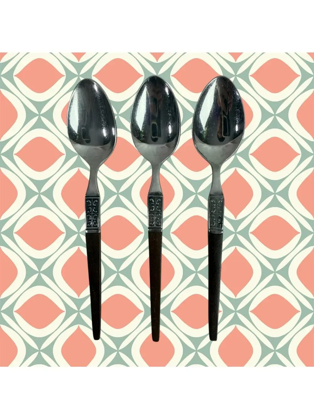 Ekco Eterna La Joya VTG Set 3 Tea Spoons Stainless Steel Faux Wood Flatware